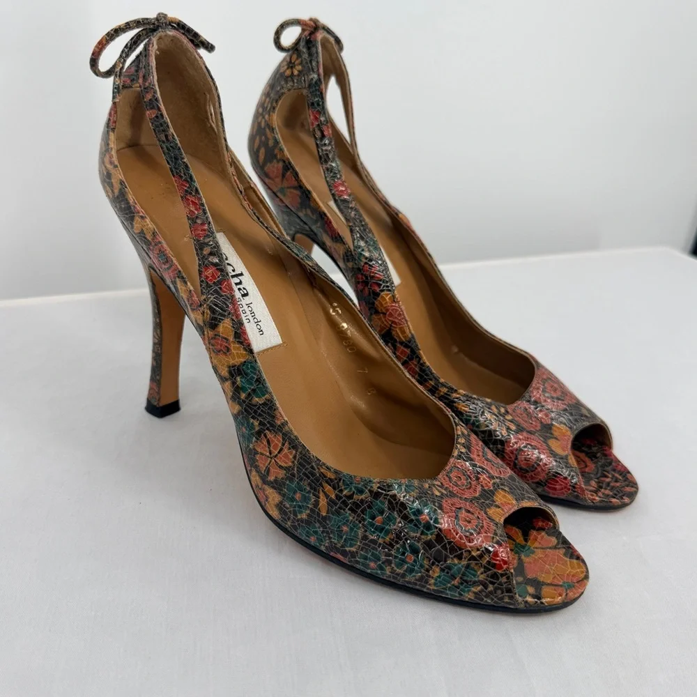 Sacha London Floral Leather Peep Toe Heels Size 7 Made in Spain